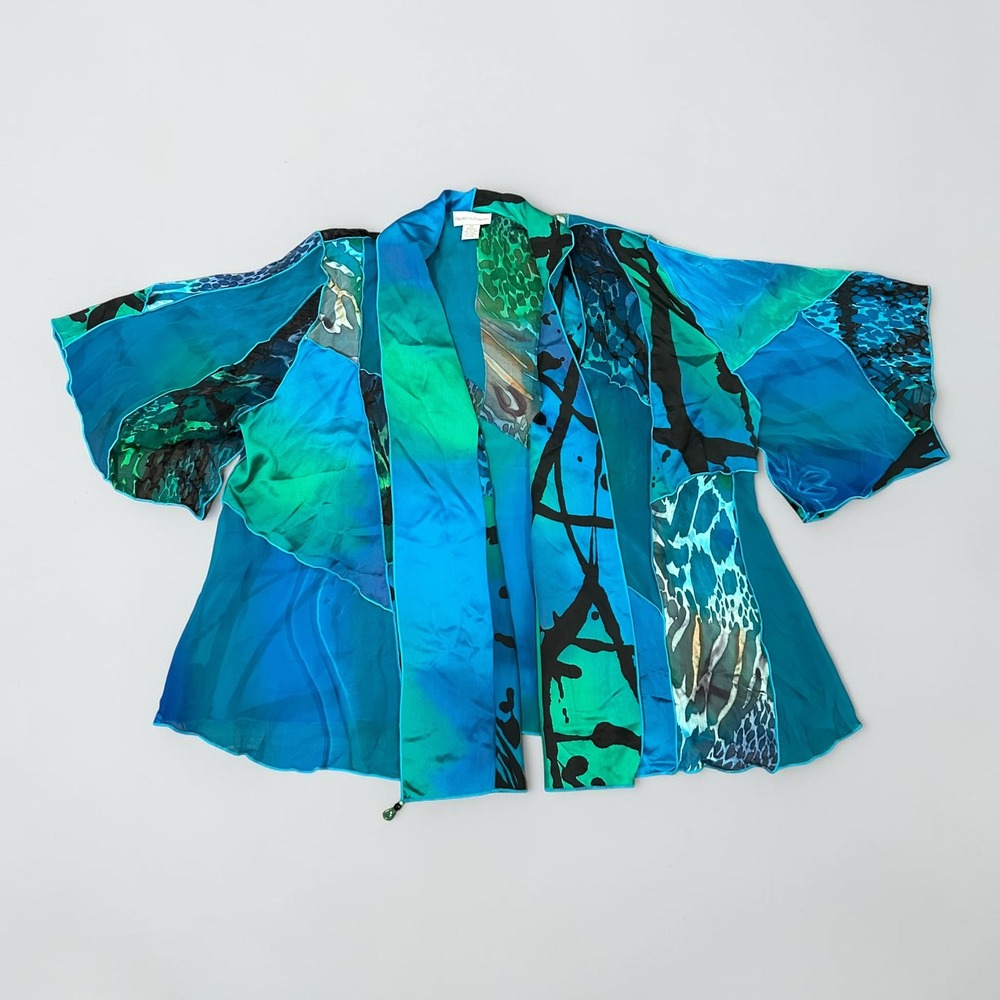 Draper's & Damon's Silk Blend Patchwork Kimono Wrap Top Blue Green 3X Women